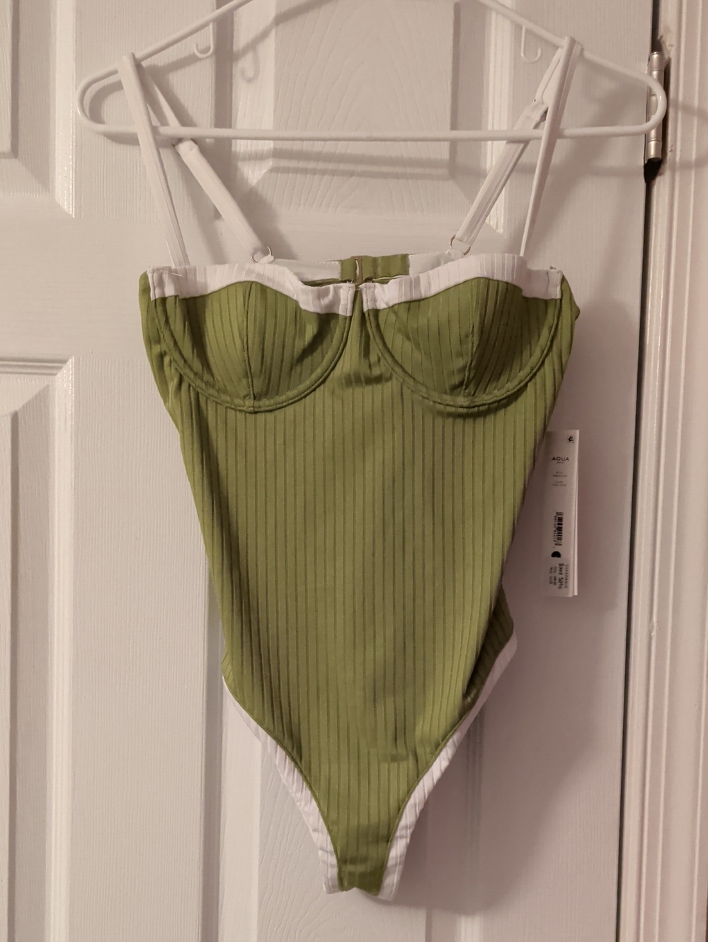 Aqua Olive Green One-Piece Swimsuit with White Trim